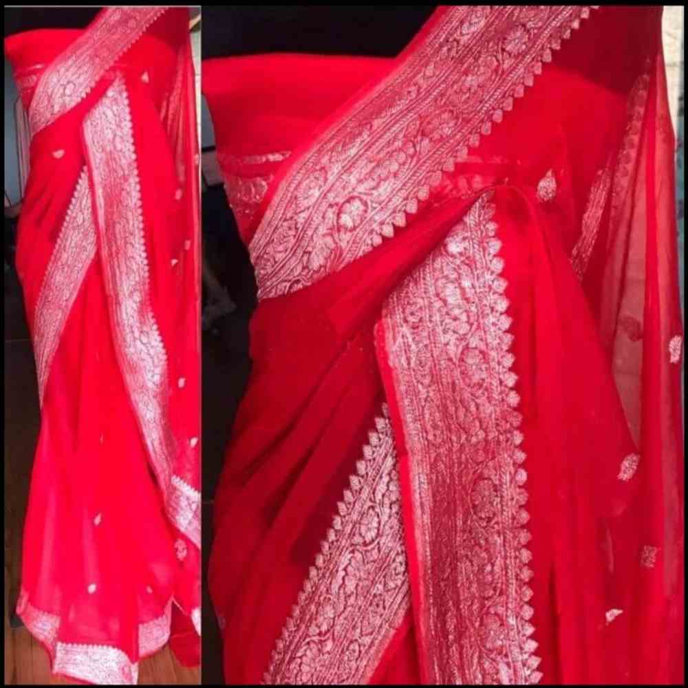 Red Khaddi Chiffon Saree